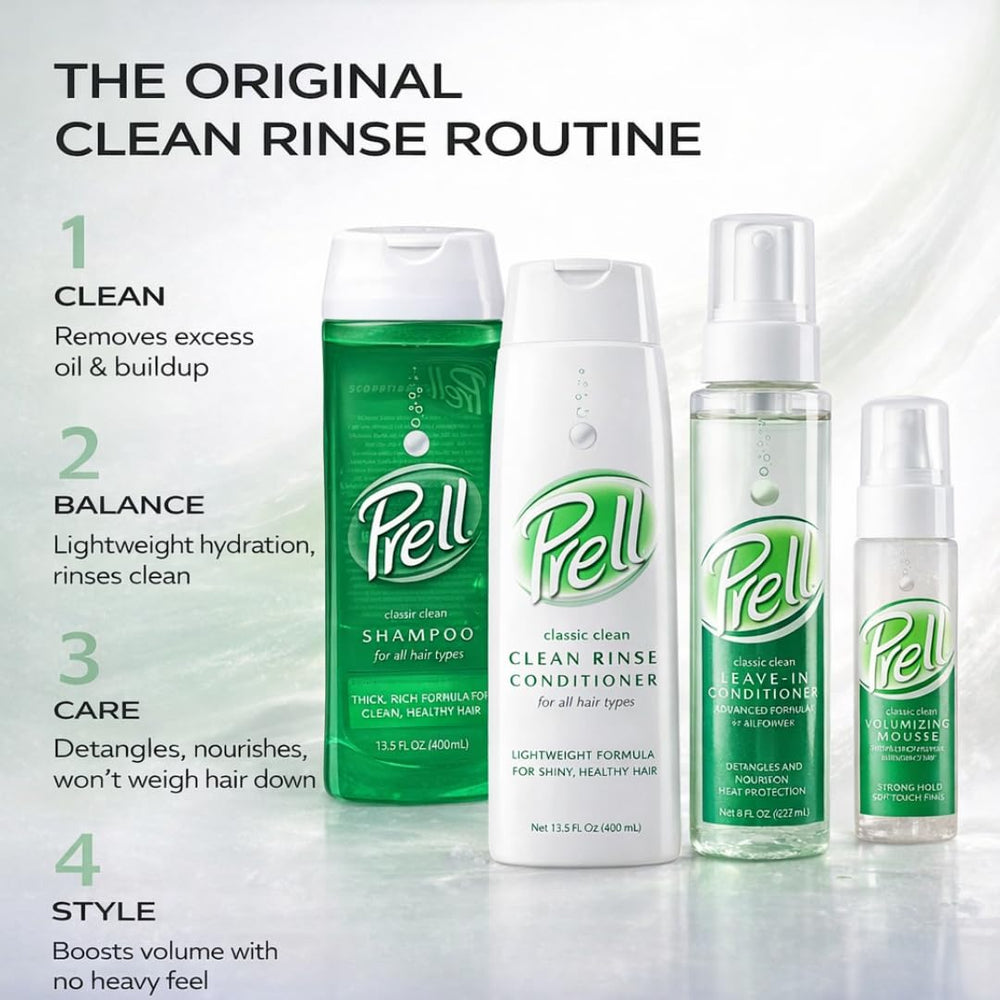 Prell 2-in-1 bottle shows healthy-looking hair after use.