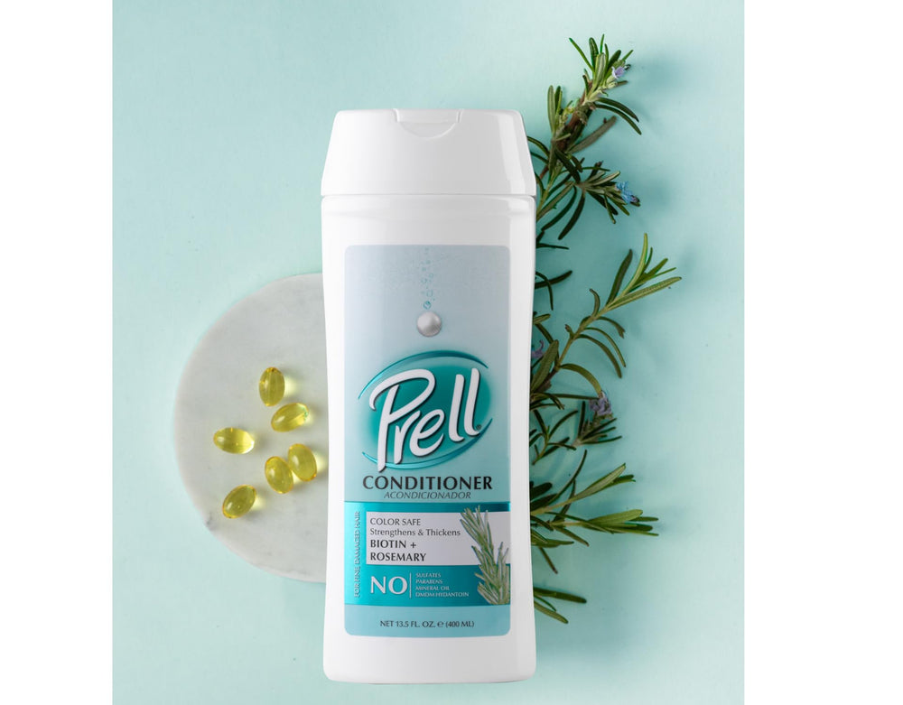Prell Biotine et Romarin – Cheveux fins, avant après: vitalité visible.