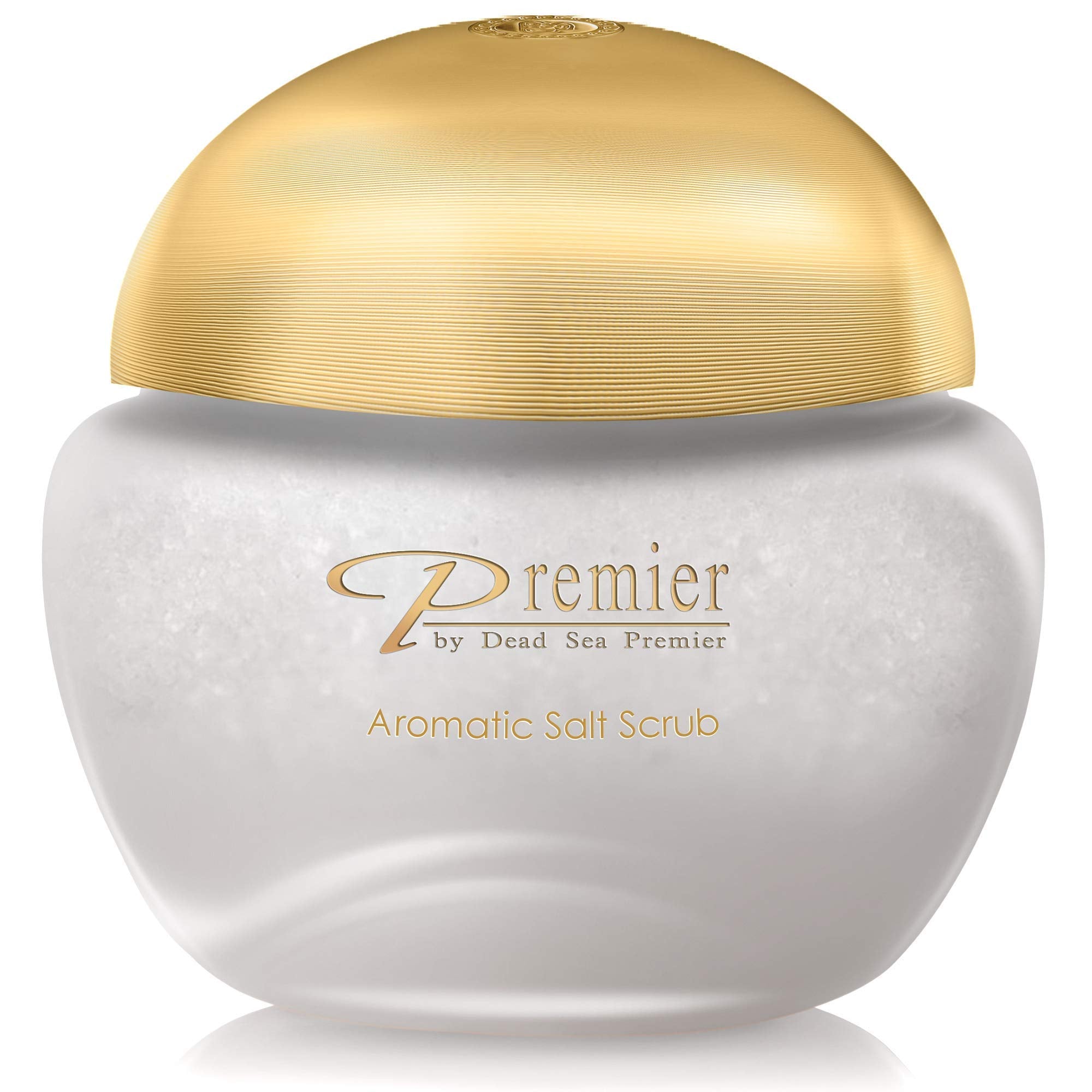 Premier Gommage aromatique au sel de mer Morte, bouteille prête pour le soin du corps.