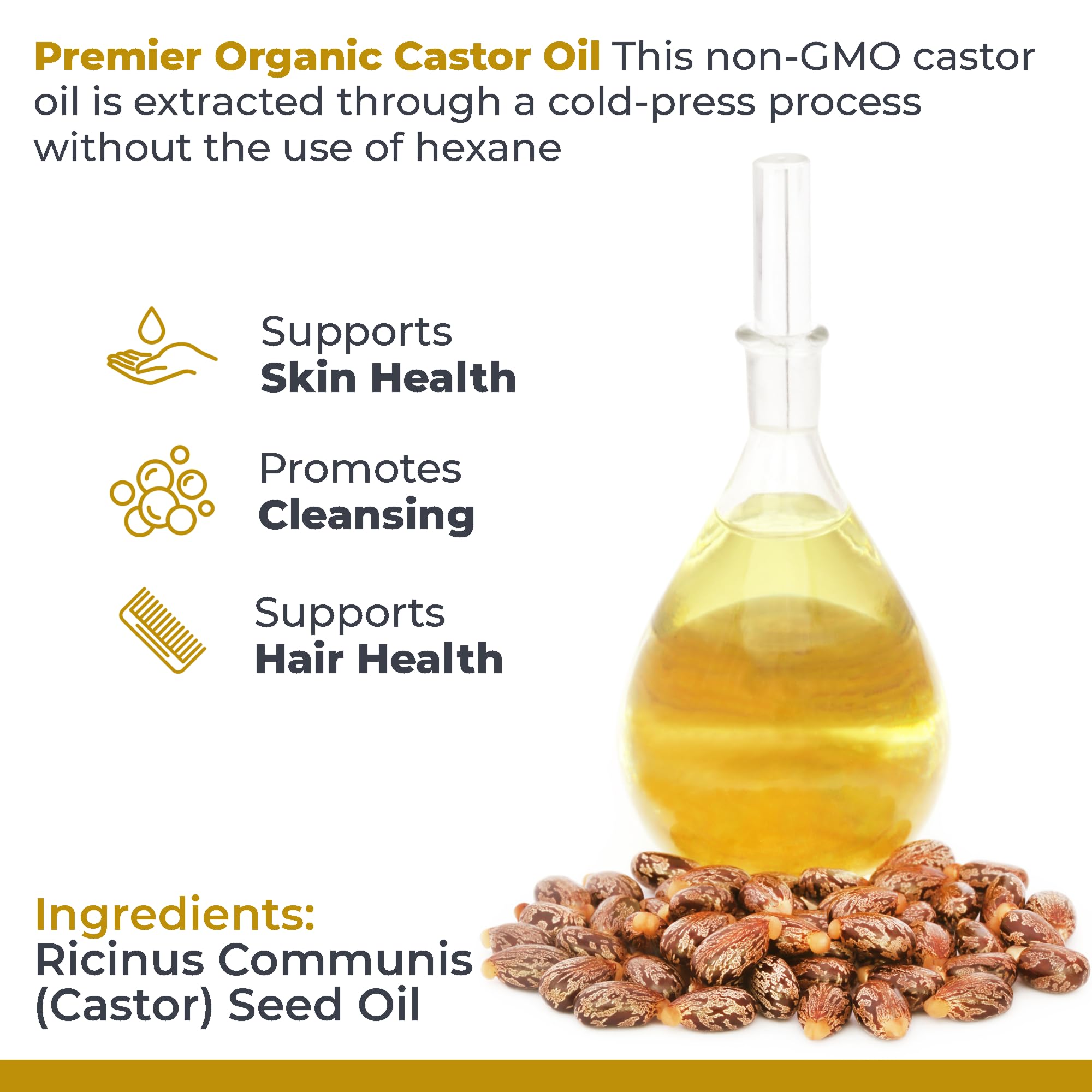 Premier Research Labs Huile de ricin — corps, soin hydratant naturel.