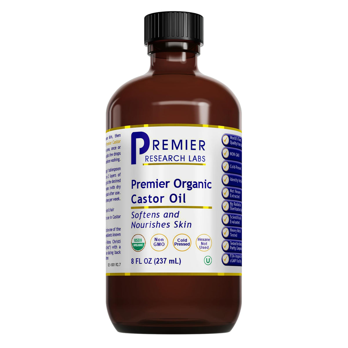 Premier Research Labs Huile de ricin — flacon 236 ml, hydratante pour peau et cheveux.