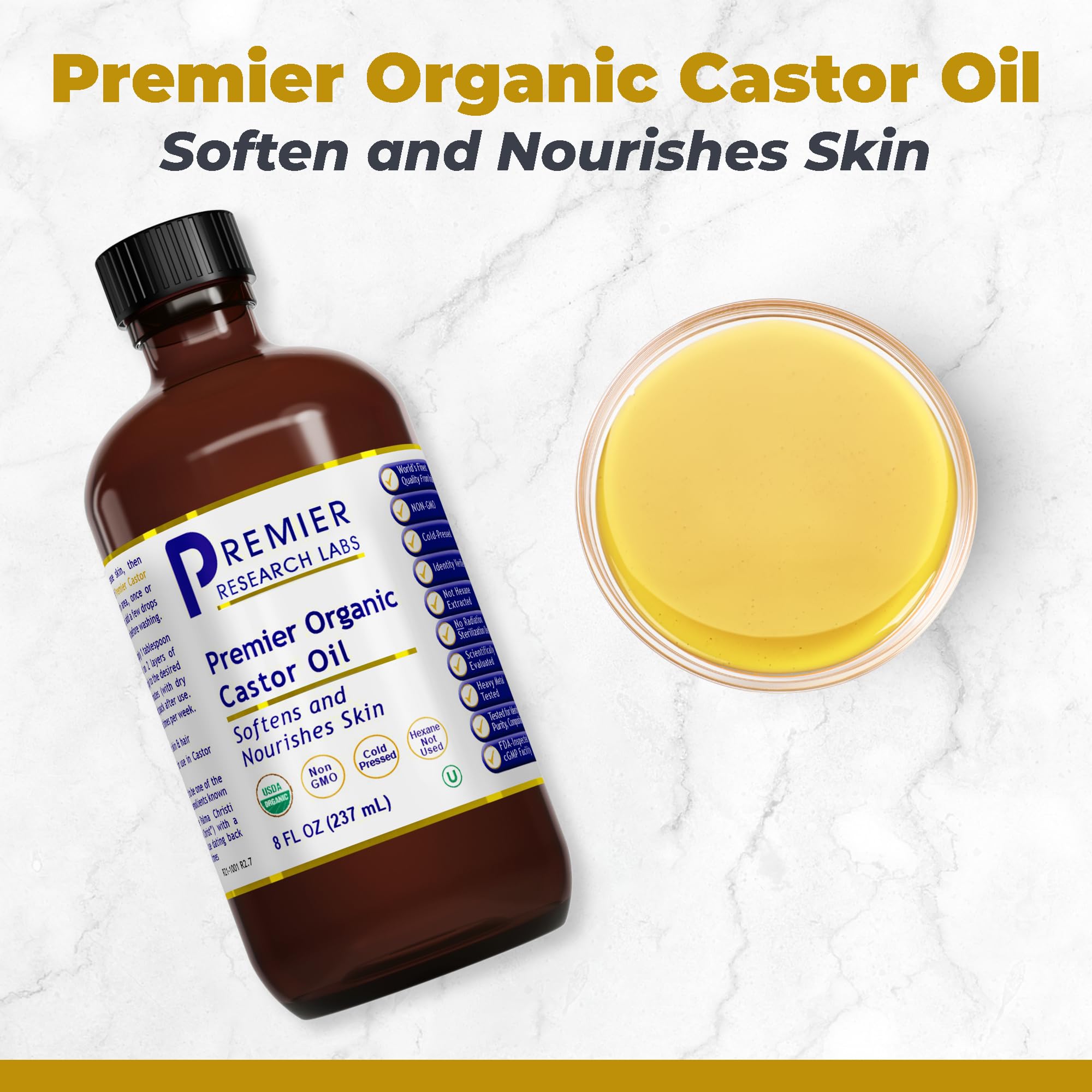 Premier Research Labs Huile de ricin — visage, pour nourrir et hydrater la peau.