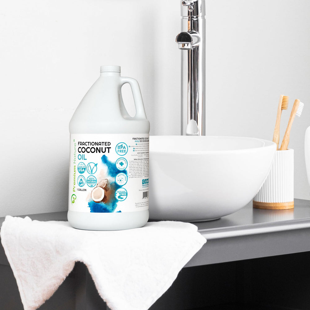 Premium Nature huile coco fractionnée, mélange d'huiles essentielles pour massage et soins.