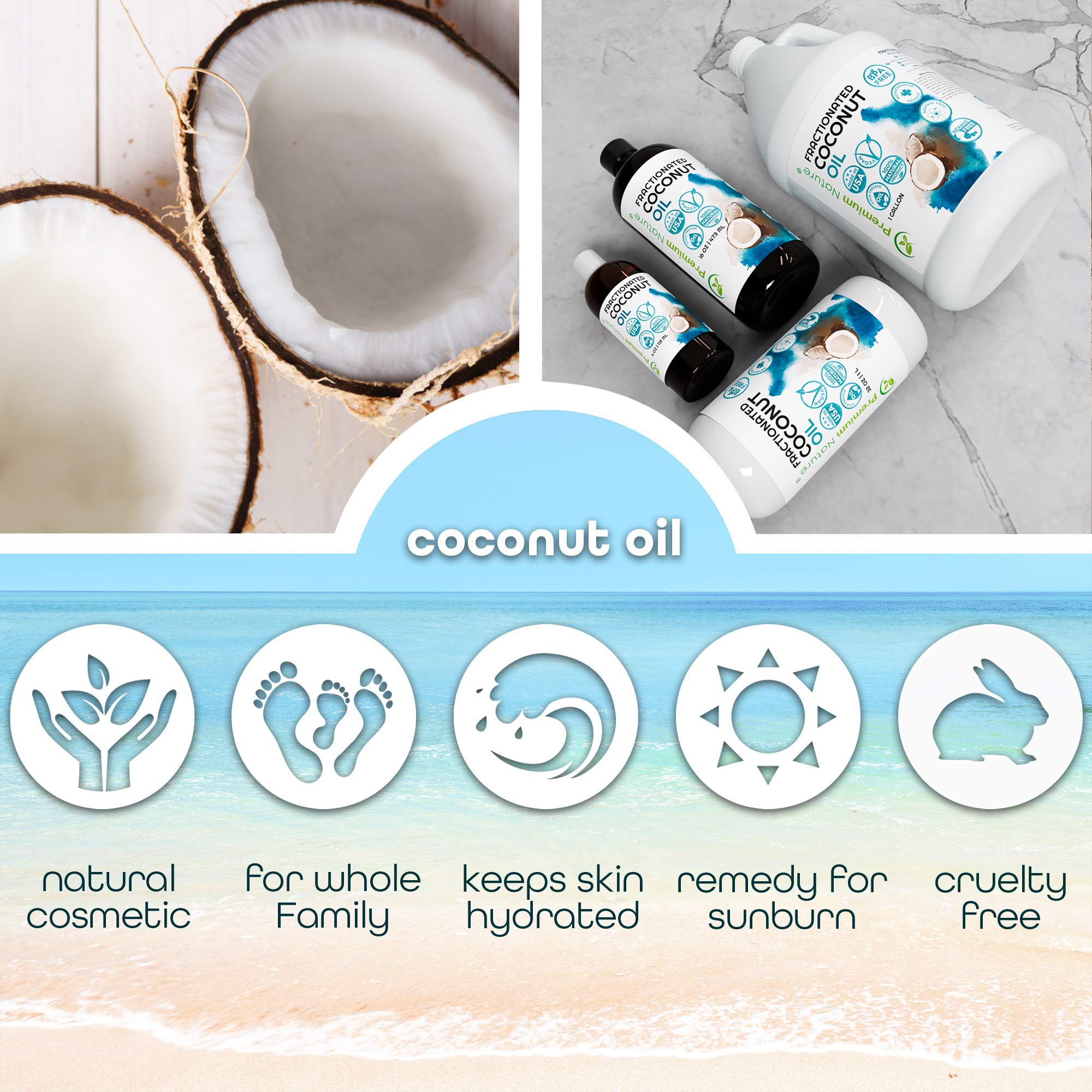 Premium Nature huile coco fractionnée pour peau douce, hydratation légère sans gras.