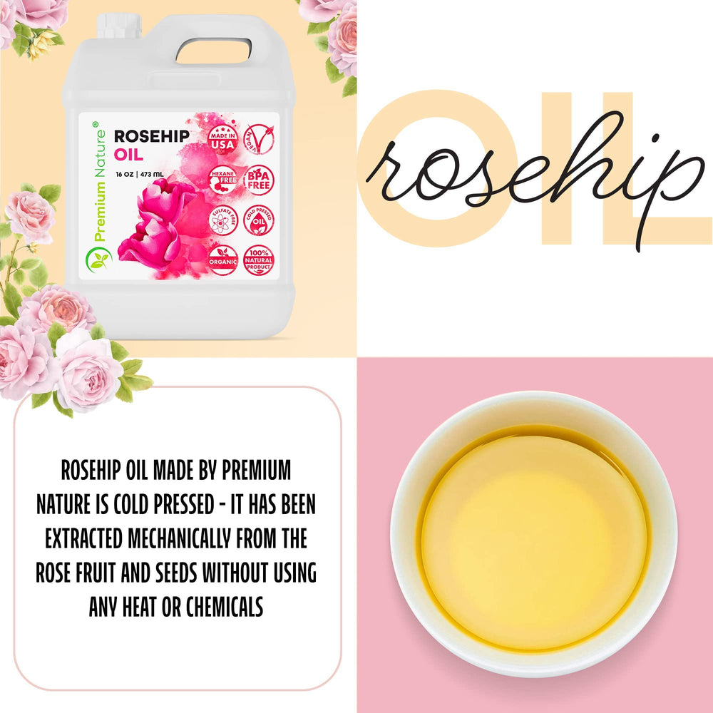 Premium Nature huile rose mosqueta sur cheveux, brillance naturelle et douceur.