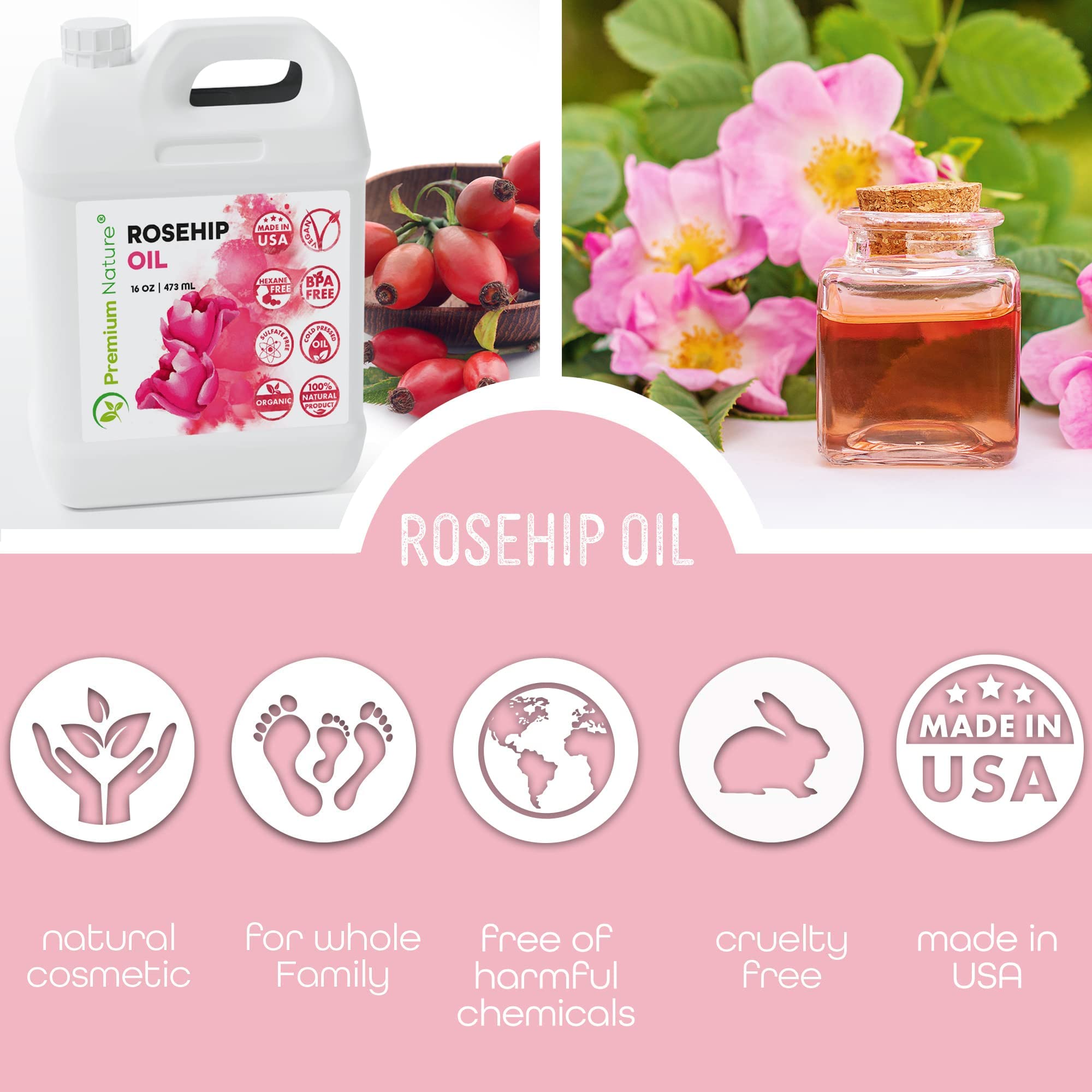 Premium Nature huile rose mosqueta sur corps pour nourrir et apaiser la peau.