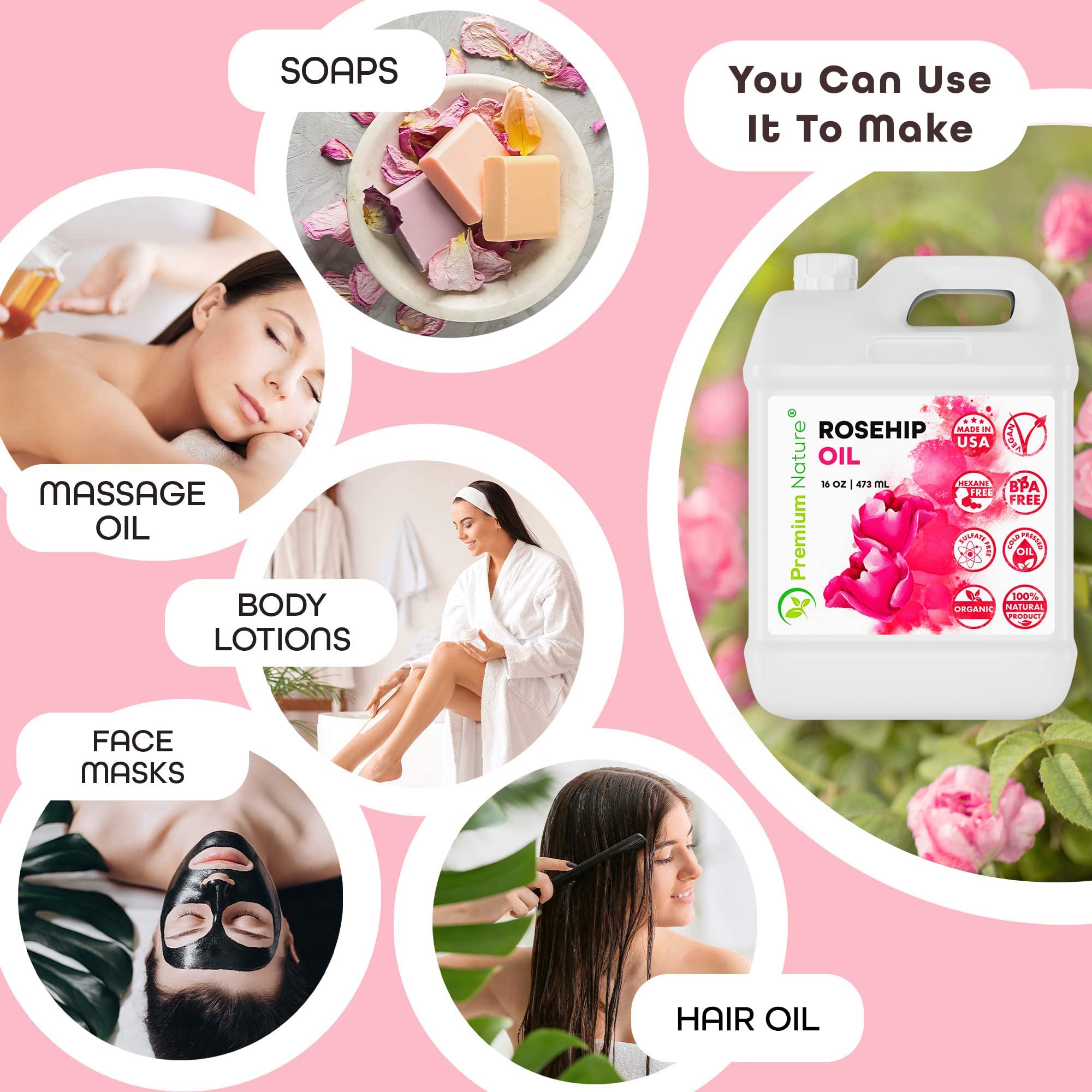 Premium Nature flacon 473 ml d'huile rose mosqueta, format économique pour routine.