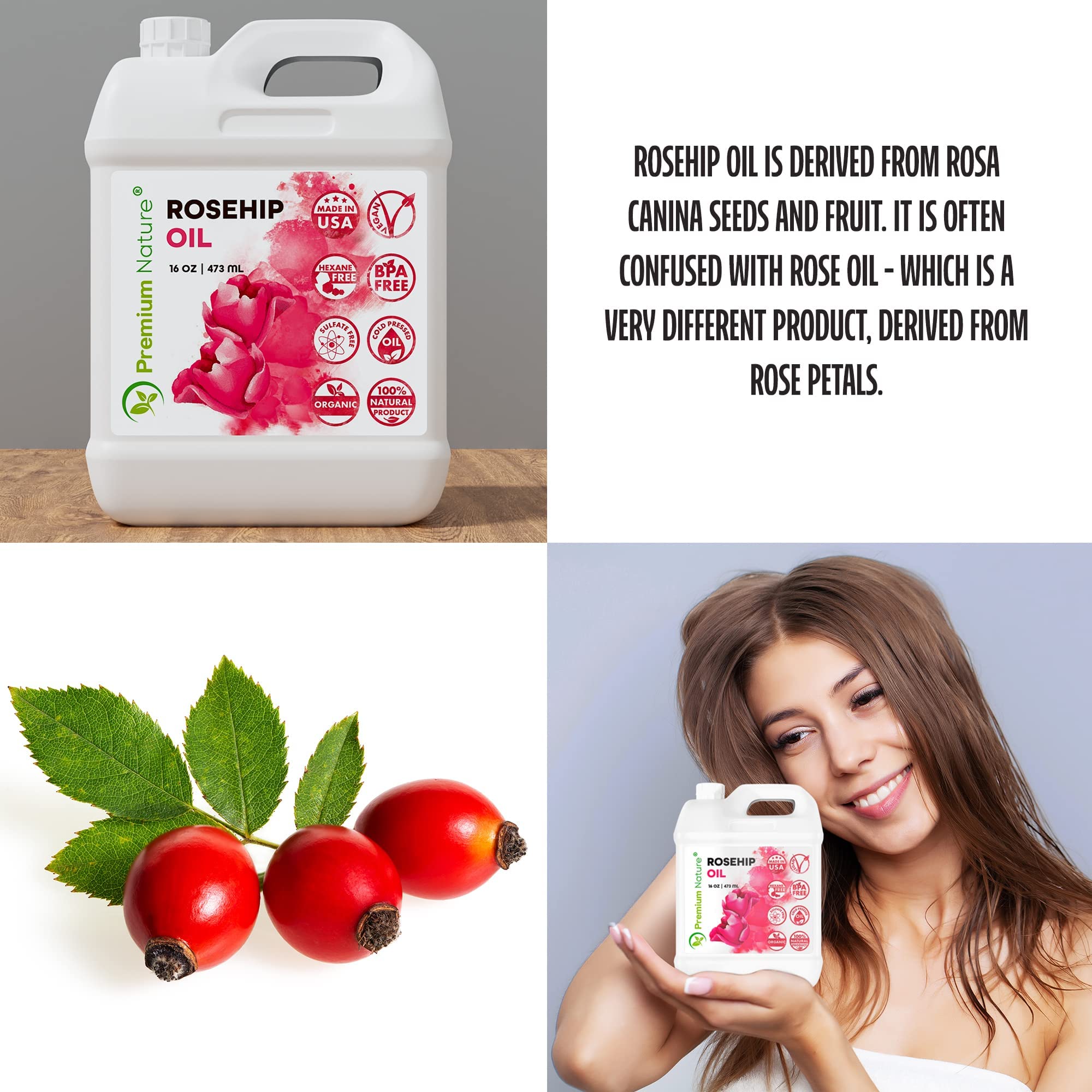Premium Nature huile rose mosqueta pour ongles, cuticules hydratées et forts.