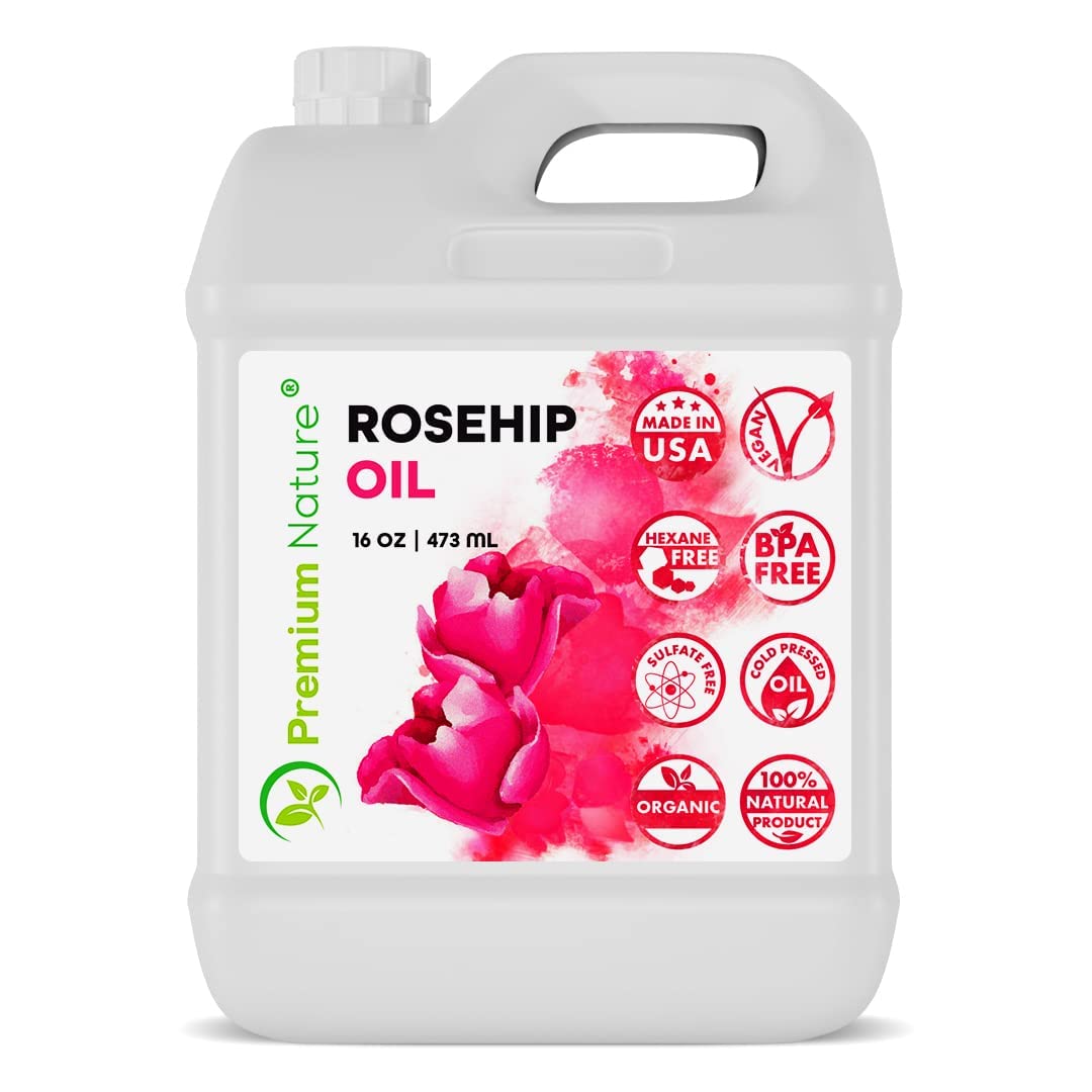 Premium Nature huile rose mosqueta sur visage, hydratation légère et peau douce.