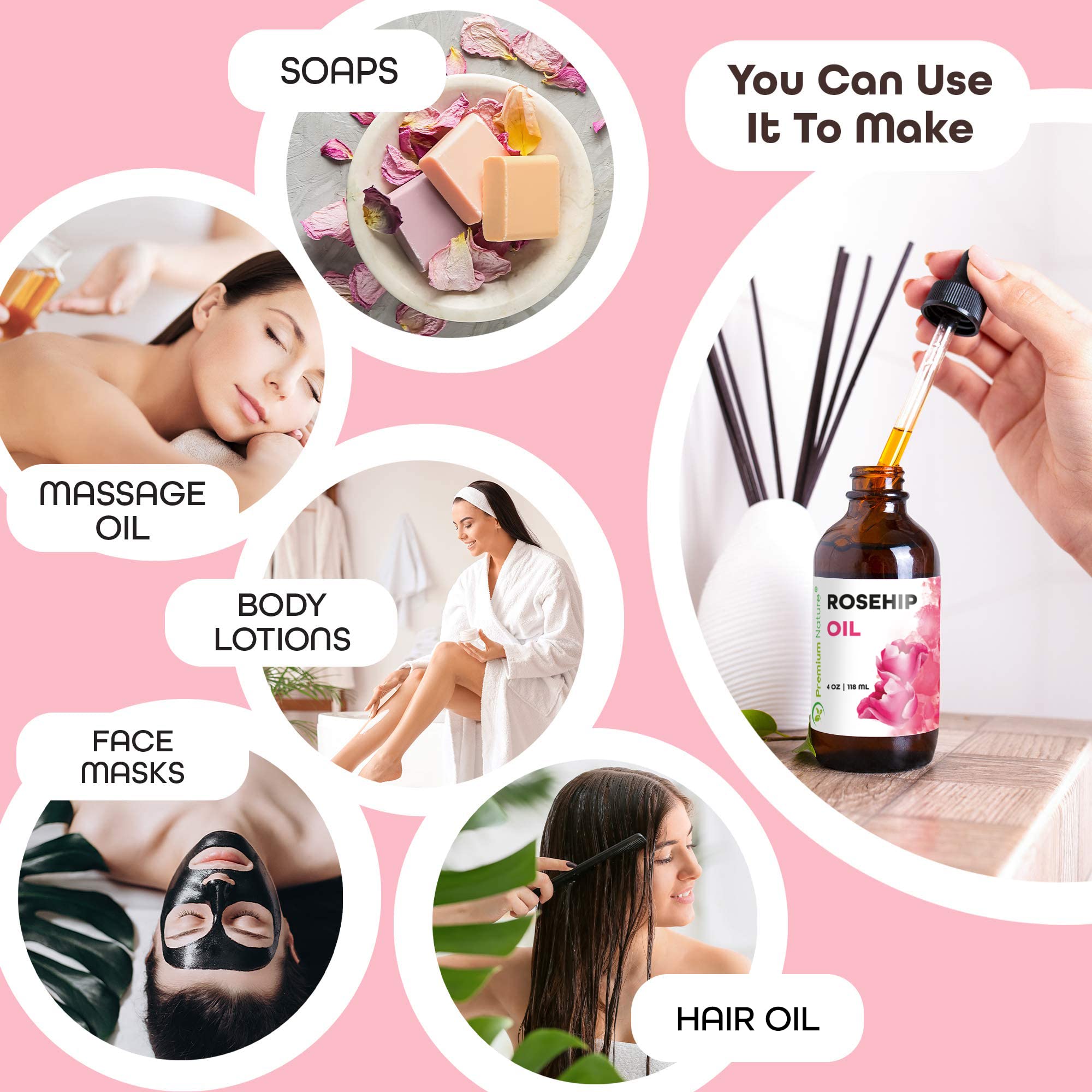 Premium Nature huile de rosehip cheveux — apporte brillance naturelle et douceur
