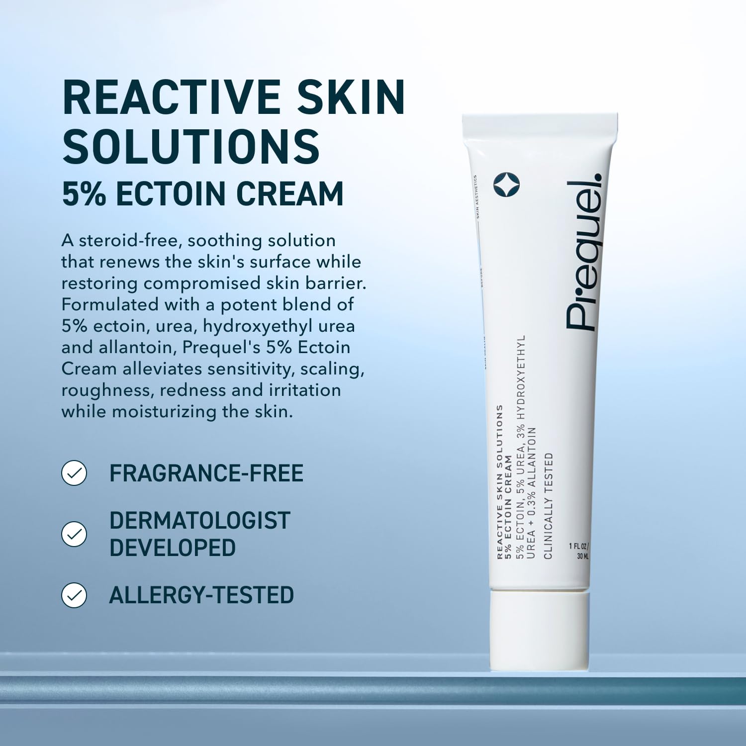 Prequel Reactive Skin Solutions crème appliquée sur peau : texture soyeuse apaise les irritations.