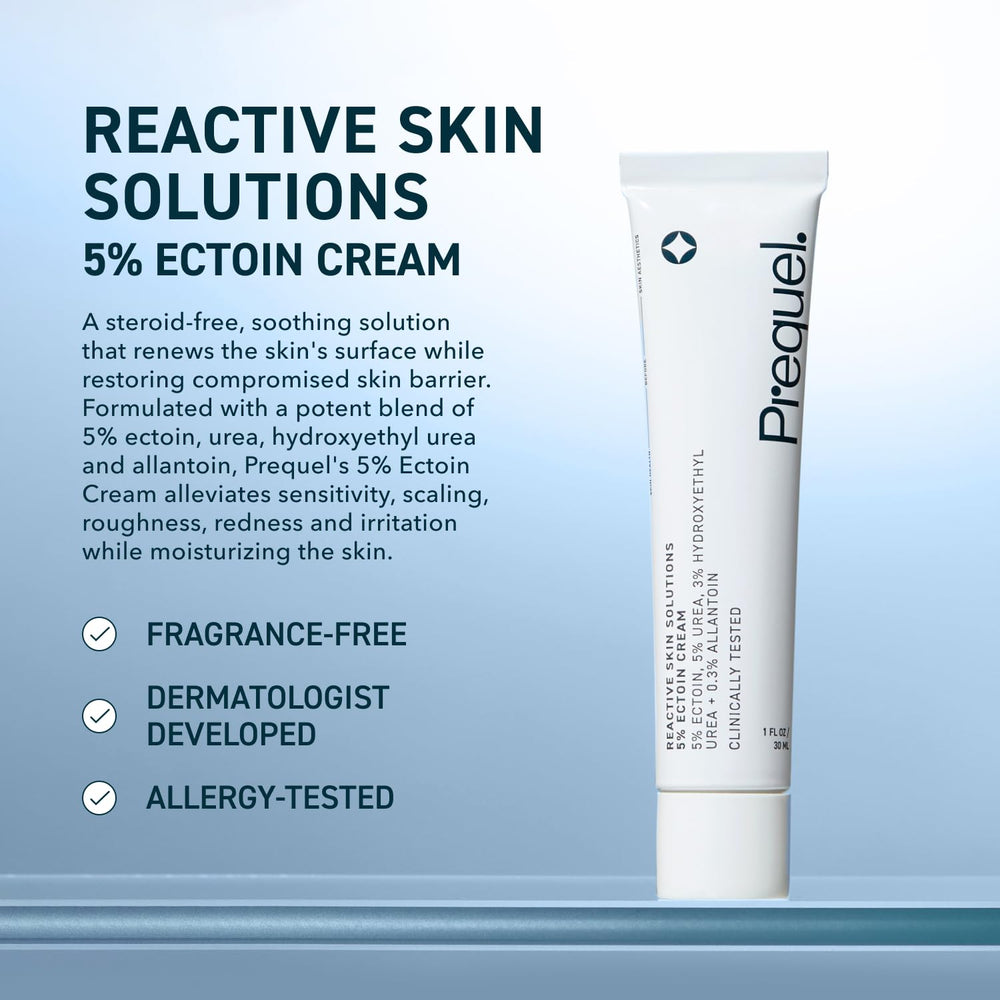 Prequel Reactive Skin Solutions crème appliquée sur peau : texture soyeuse apaise les irritations.