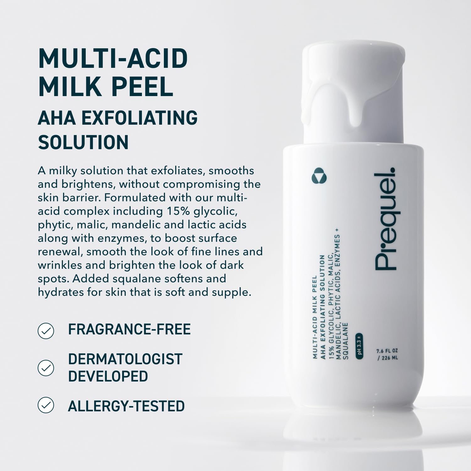 Prequel Skin Multi-Acid Milk Peel, flacon, application facile pour peau lumineuse.