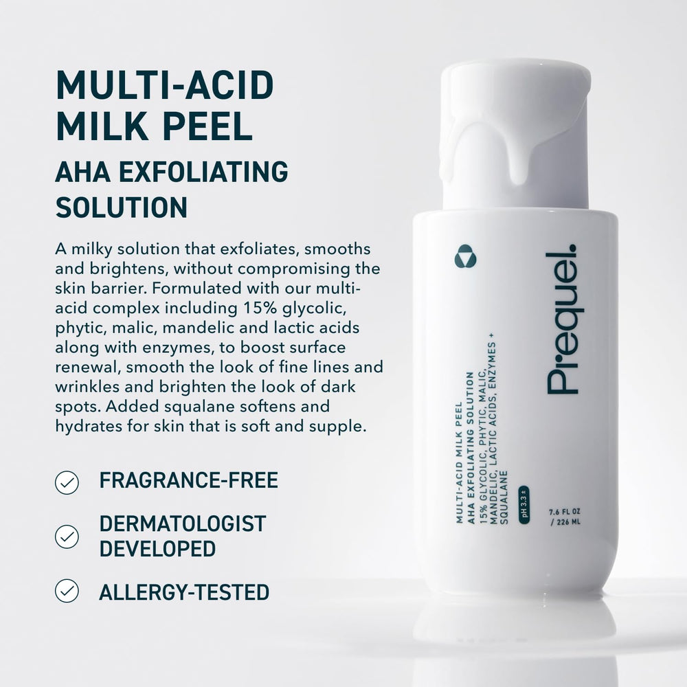 Prequel Skin Multi-Acid Milk Peel, flacon, application facile pour peau lumineuse.