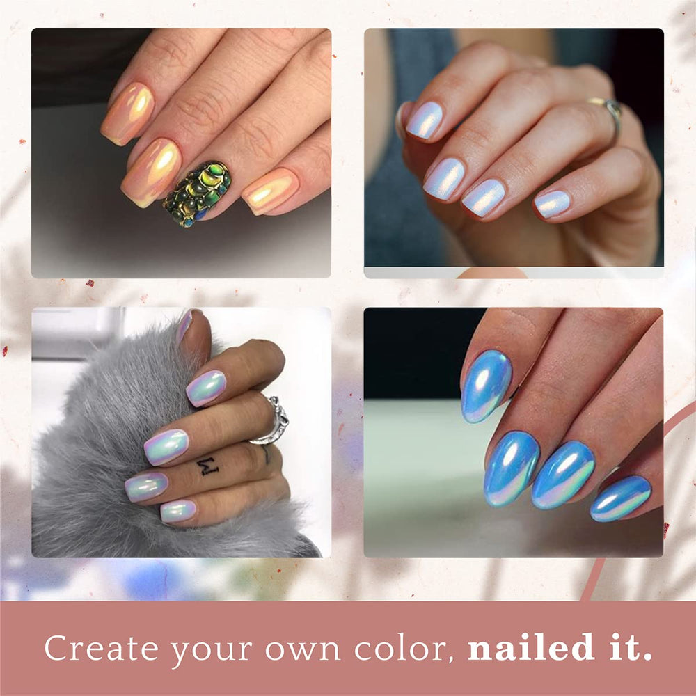 Pretty Diva mermaid nail powder application over gel polish creates a mermaid chrome look.
