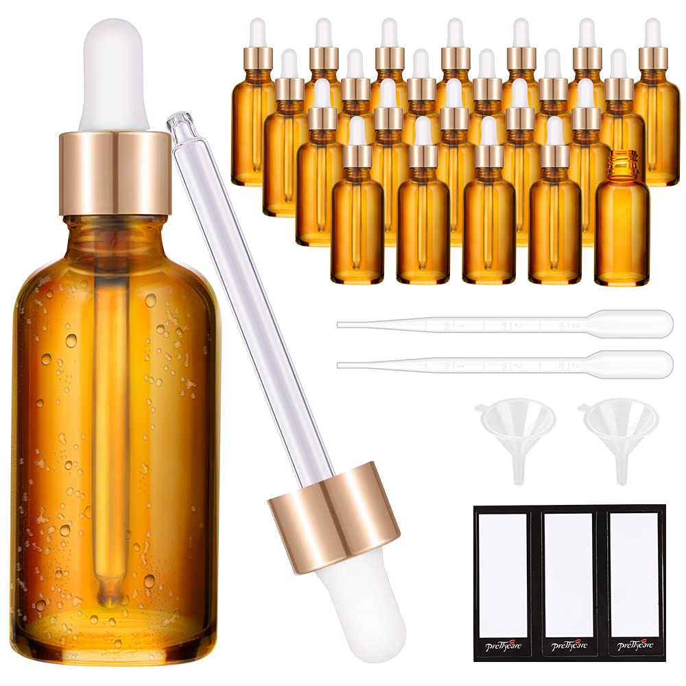 PrettyCare bouteilles en verre ambré 30 ml avec capuchon doré préservant les huiles sensibles.