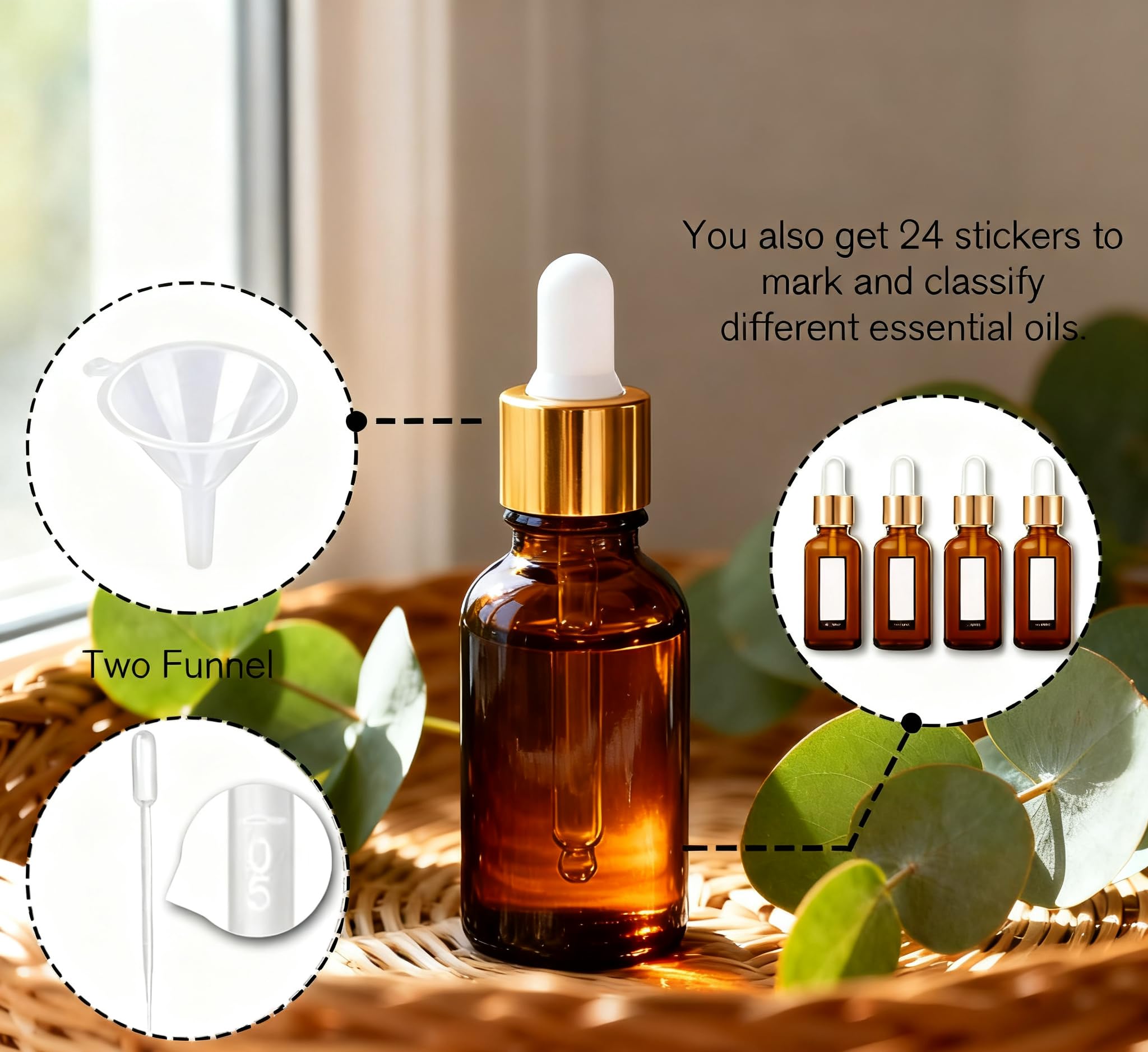 Ensemble PrettyCare 24 bouteilles ambré pour huiles.
