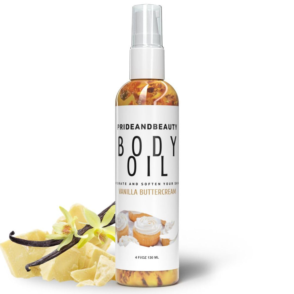 PrideandBeauty huile-corps vanille-beurre, texture satinée nourrissante pour la peau.