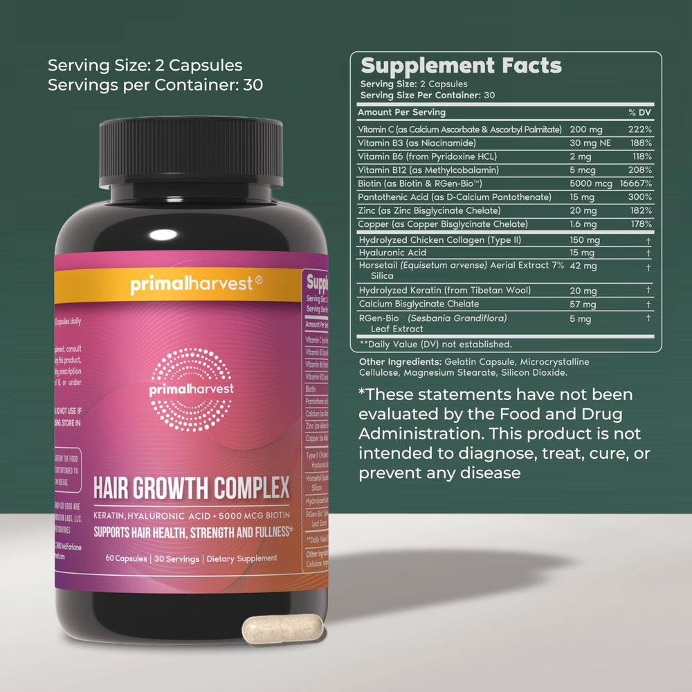 Primal Harvest Vitamines croissance cheveux – comprimés visibles, complément quotidien pour cheveux plus forts.