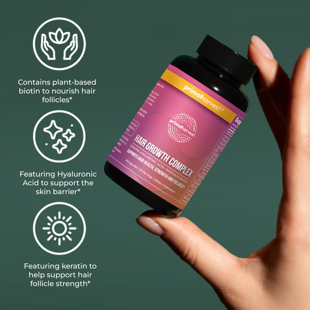 Primal Harvest Vitamines croissance cheveux – gélules en gros plan, usage quotidien potentiel.