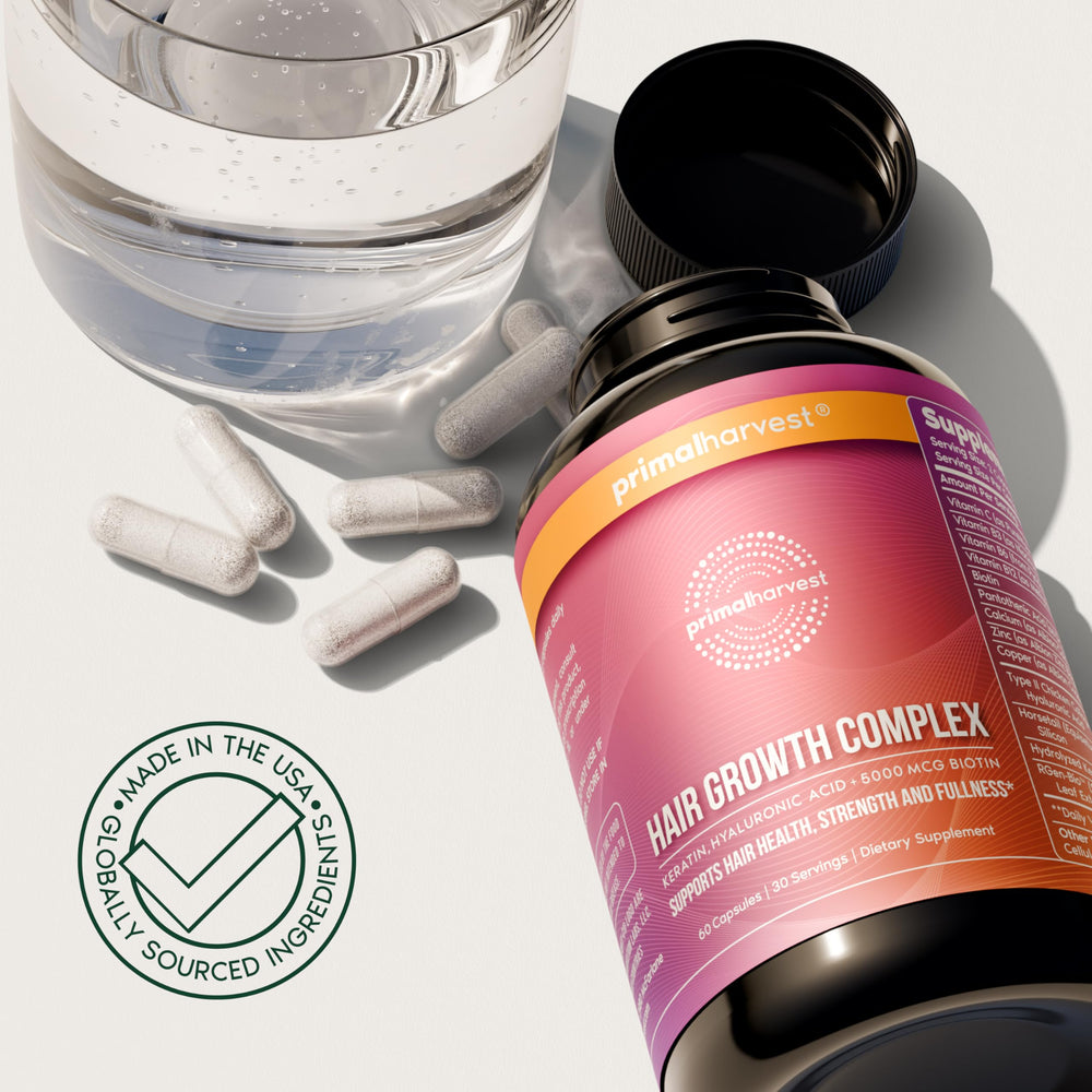 Primal Harvest Vitamines croissance cheveux – pack double, emballage et traçabilité visibles.