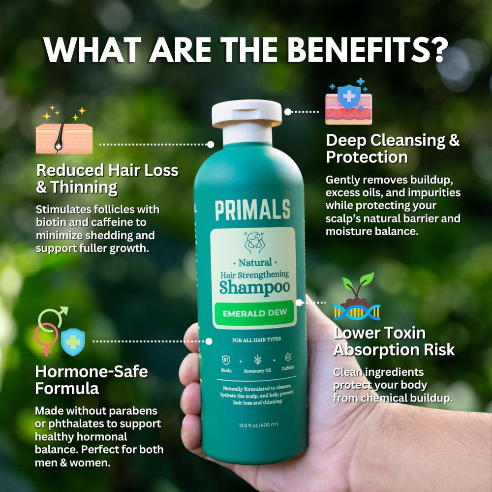 PRIMALS Shampoing Caféine — Ingrédients visibles pour densité capillaire potentielle