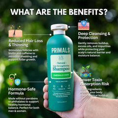 PRIMALS Shampoing Caféine — Ingrédients visibles pour densité capillaire potentielle