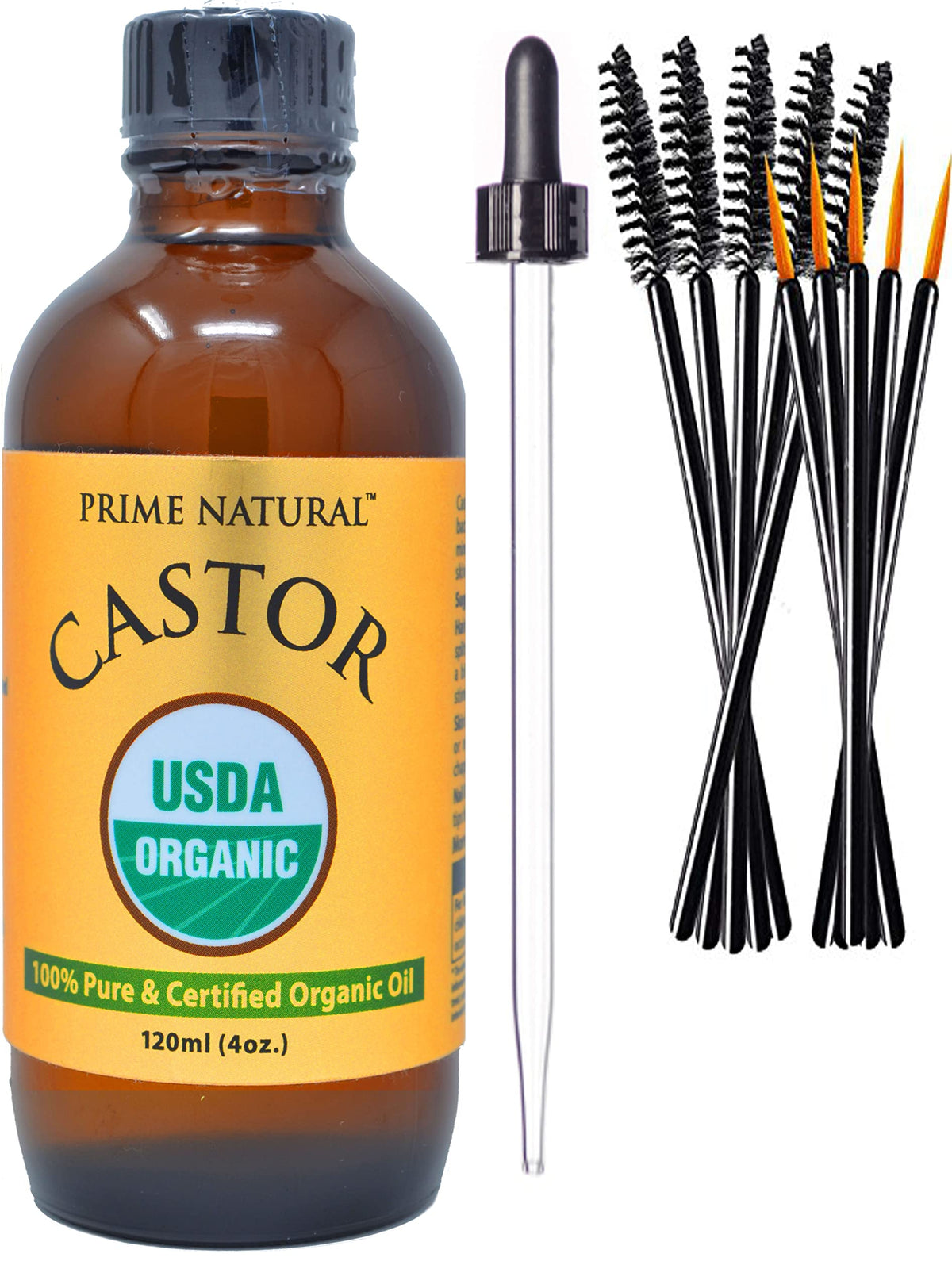 Prime Natural huile de ricin biologique, flacon ambré de 120 ml pour cheveux et peau.