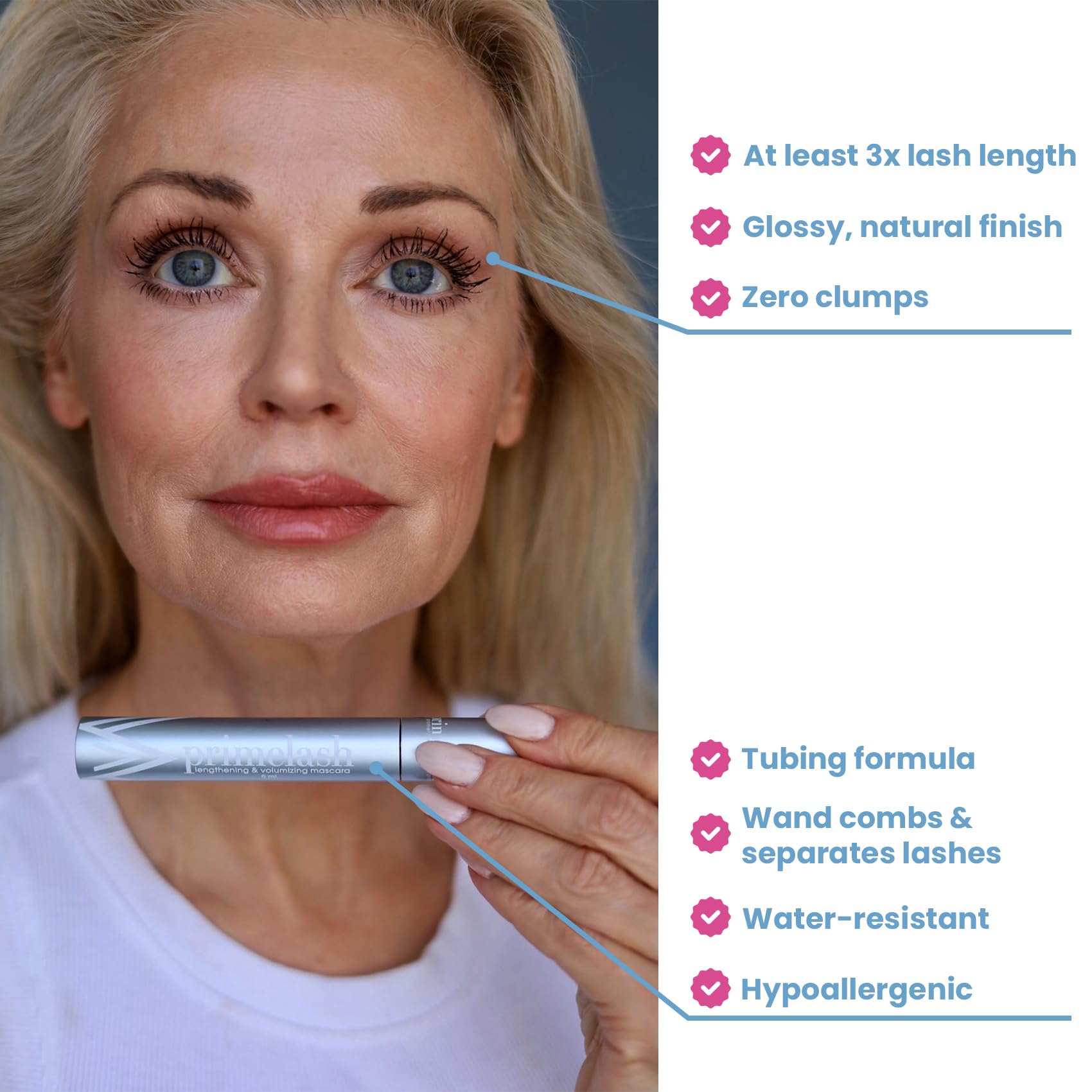 Prime Prometics PrimeLash Mascara affichant des cils volumineux après deux couches.