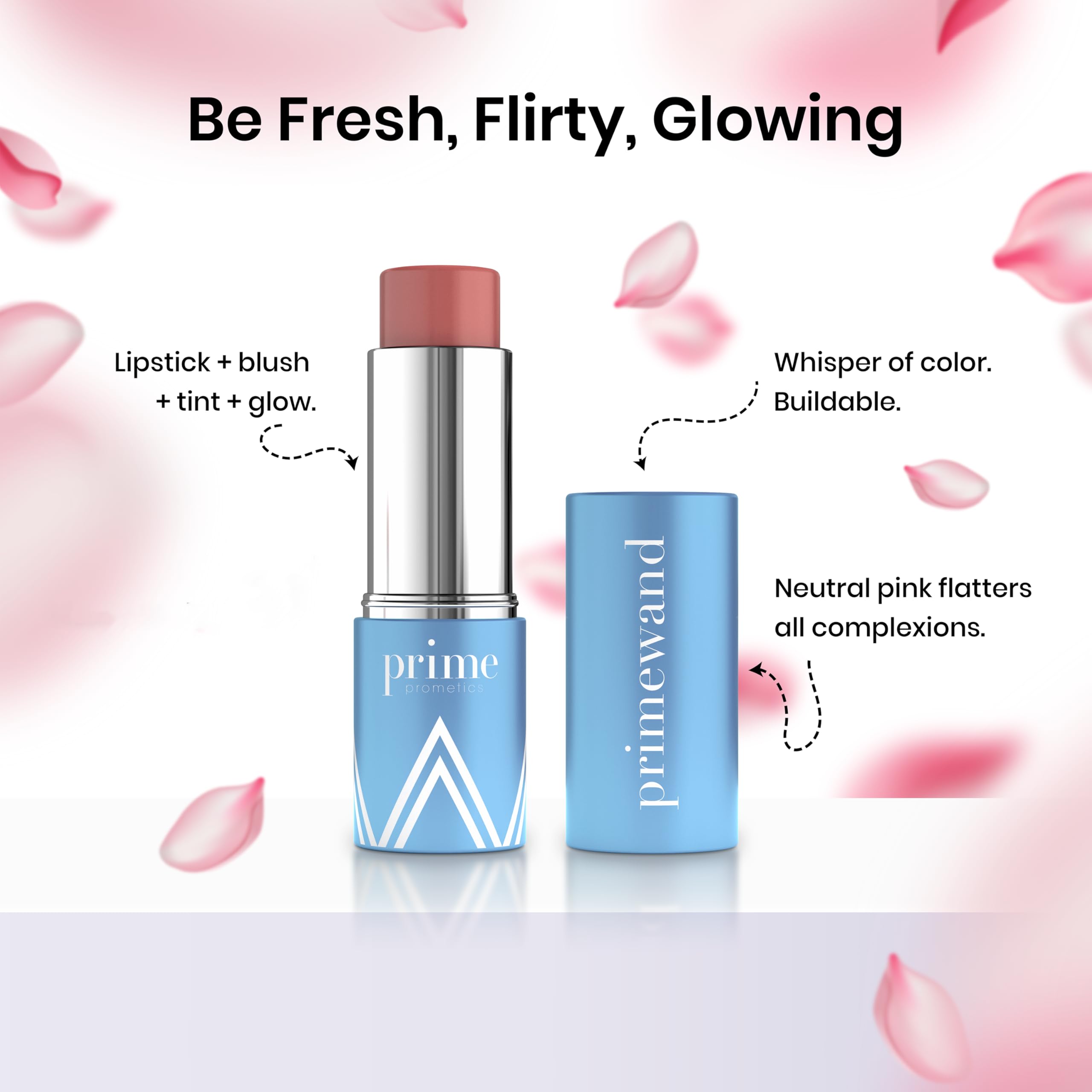 Prime Prometics PrimeWand Nude – application sur les joues pour un éclat doux et durable.