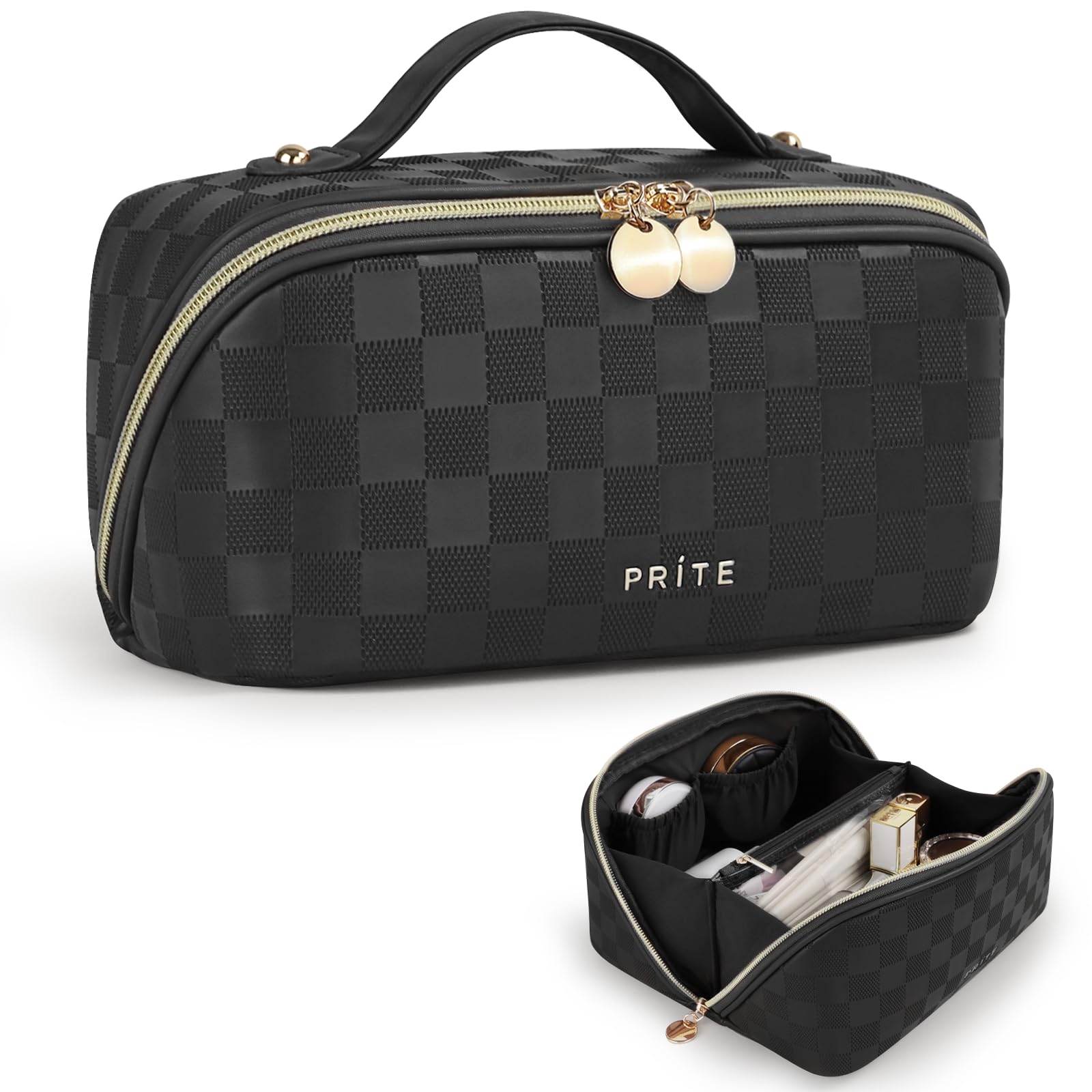 Prite Trousse Maquillage Voyage Plaid Noir, élégante et pratique pour le voyage.