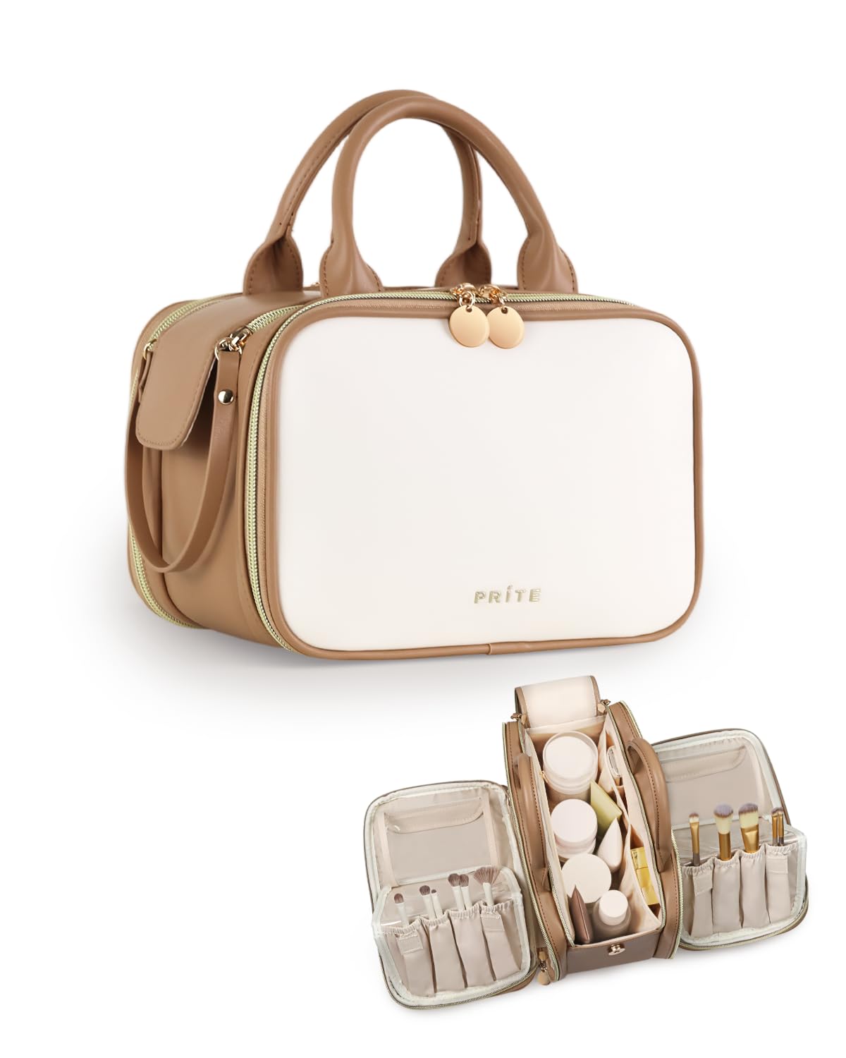 Prite Makeup Bag beige-brun grand ouvert facilite le rangement des essentiels.