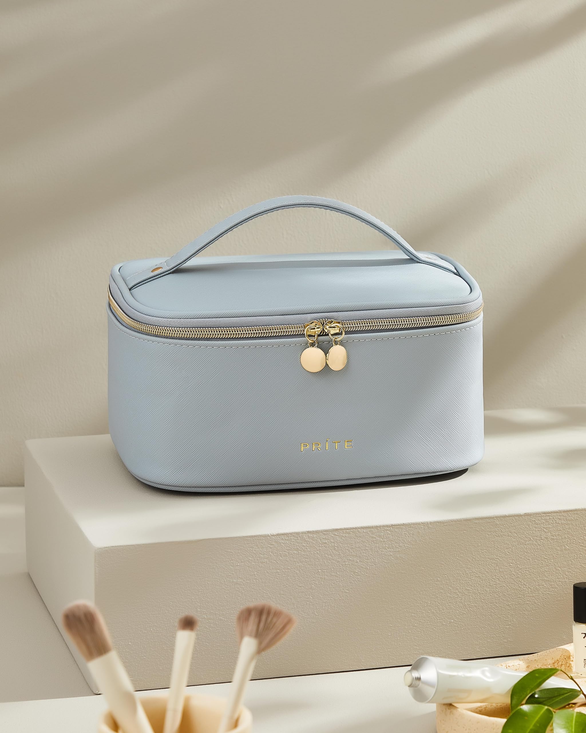 Prite sac-maquillage bleu avec poignée, transport facile lors des déplacements