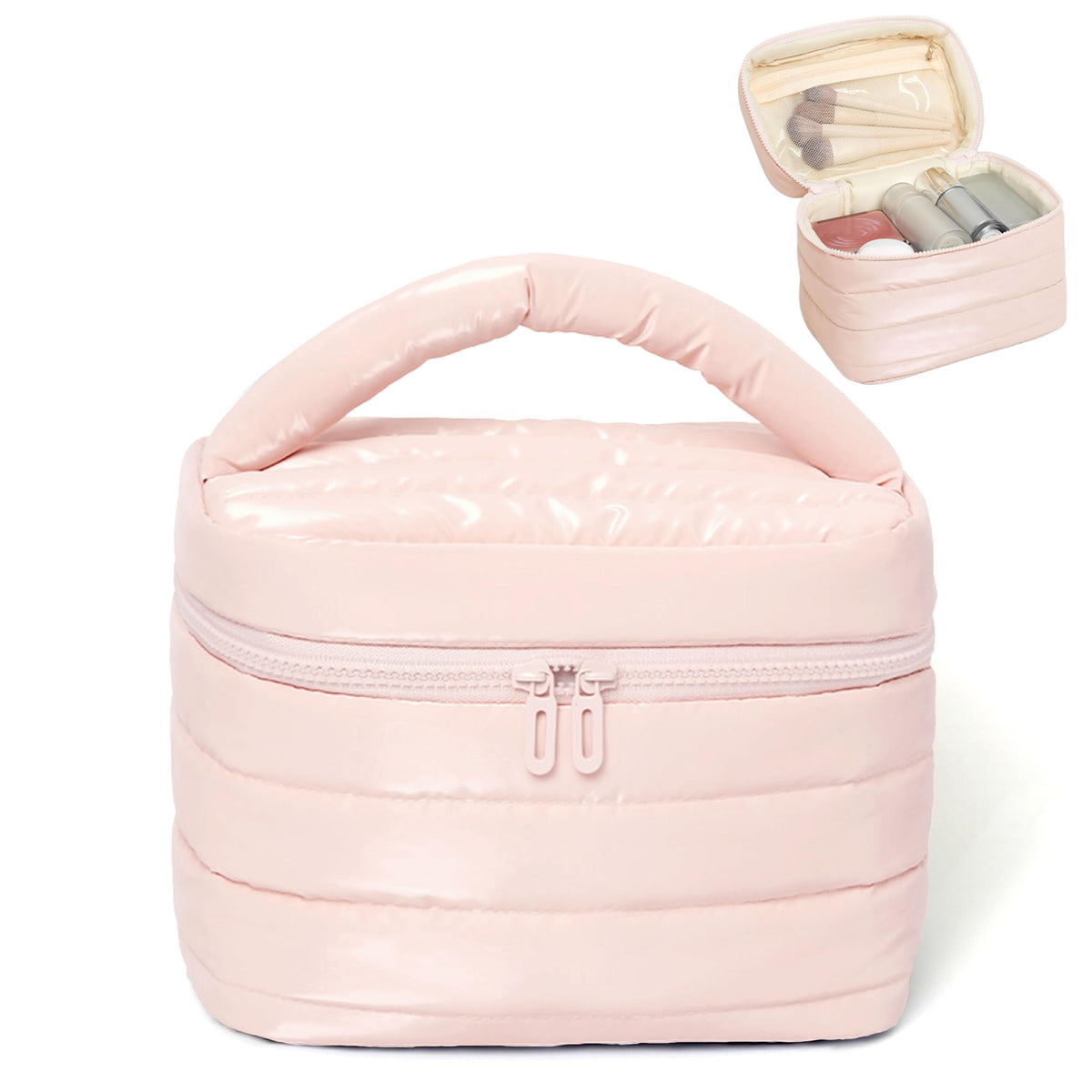 Prite Puffy sac maquillage voyage rose, allure chic et léger pour nomade moderne.