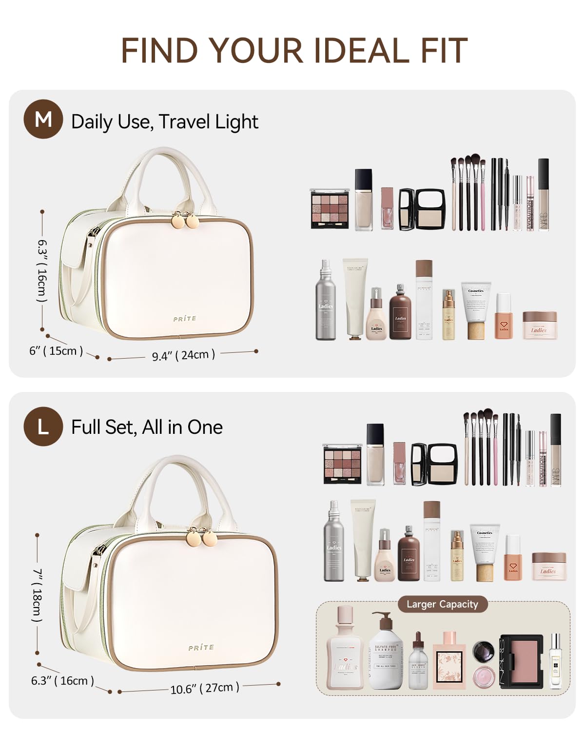 Sac Prite maquillage grande capacité pour tout le nécessaire.