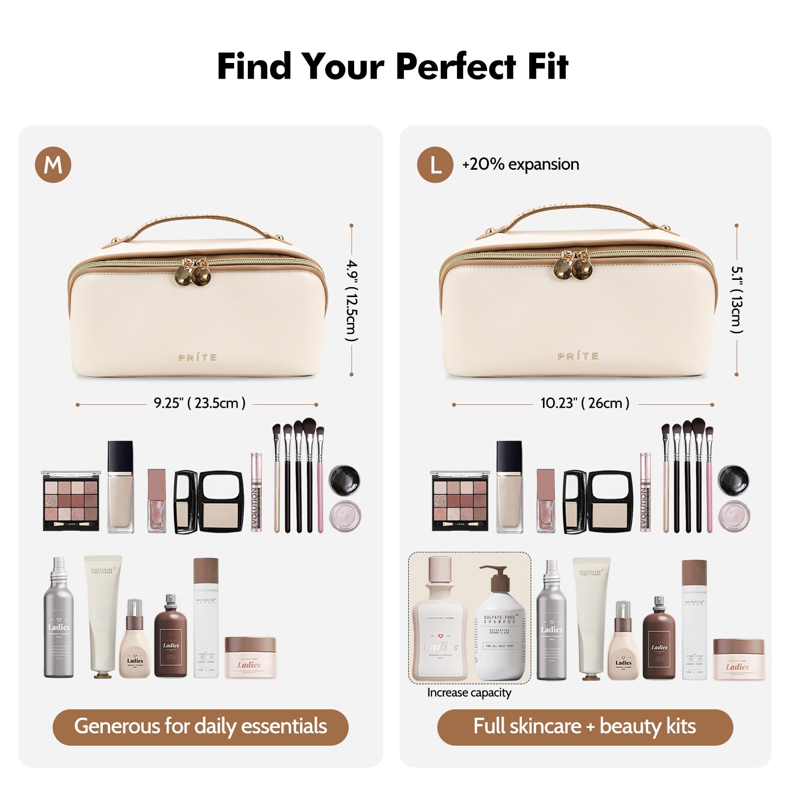 Prite sac maquillage voyage beige ouvert a plat pour accéder facilement aux articles
