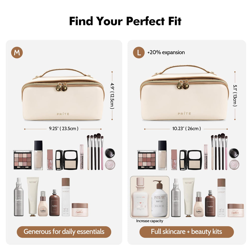 Prite sac maquillage voyage beige ouvert a plat pour accéder facilement aux articles