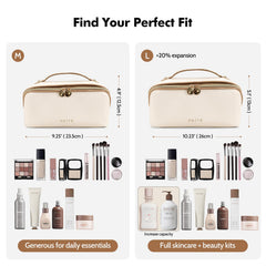 Prite sac maquillage voyage beige ouvert a plat pour accéder facilement aux articles