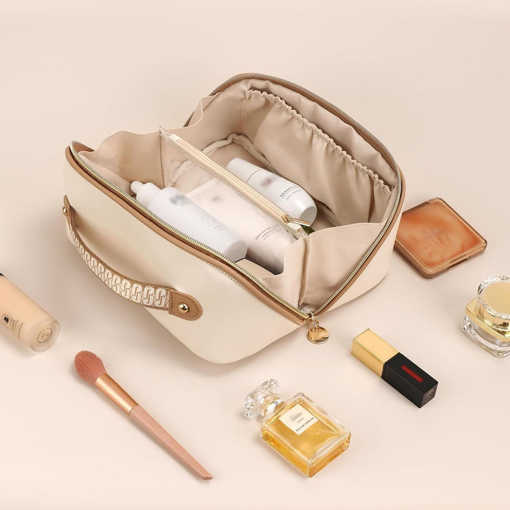 Prite sac maquillage voyage beige poignée ergonomique pour transport confortable
