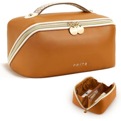Prite trousse maquillage ouverte plan: organisation claire en voyage