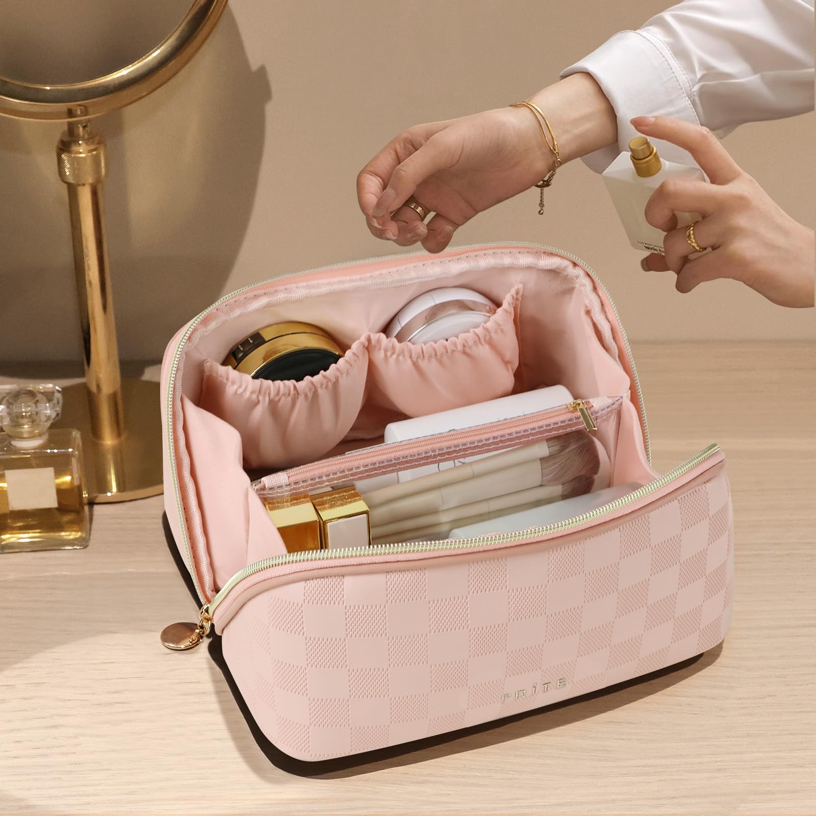 Prite Trousse maquillage plaid rose - design moderne et élégant.