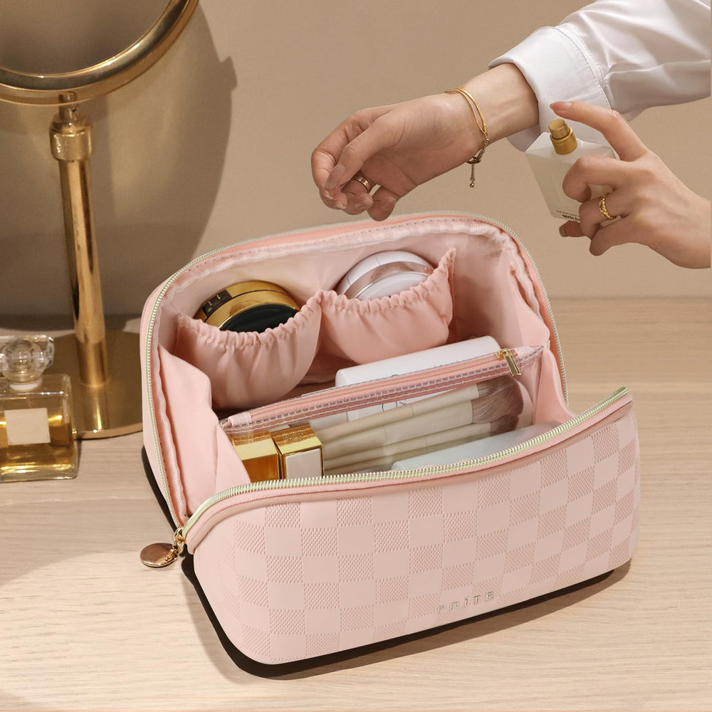 Prite Trousse maquillage plaid rose - design moderne et élégant.