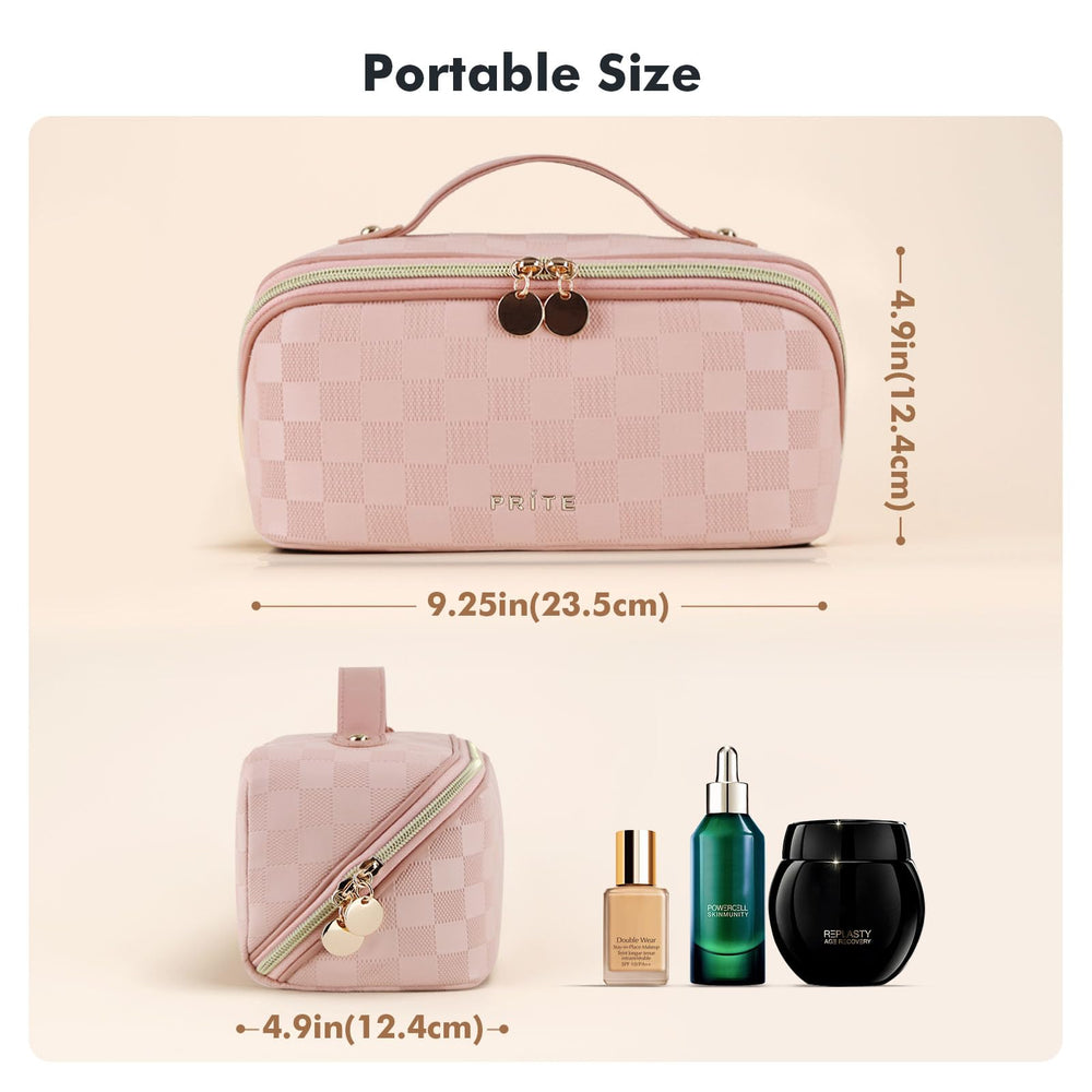 Prite Trousse maquillage plaid rose - diviseur transparent pour séparer les produits.