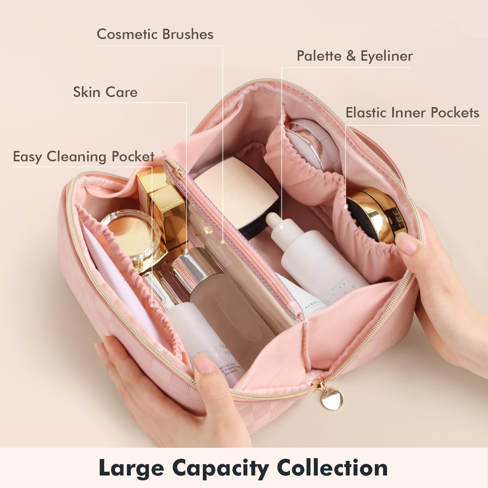 Prite Trousse maquillage plaid rose - poignée douce pour transporter confortablement.