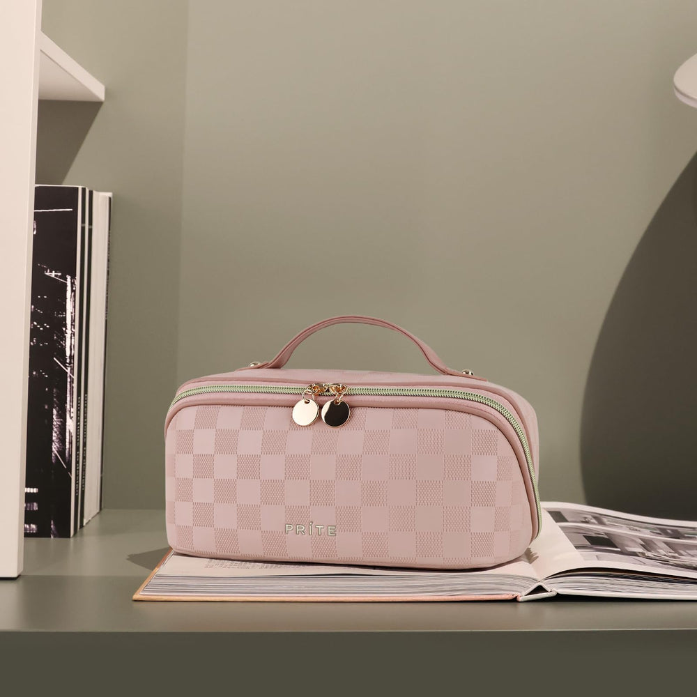 Prite Trousse maquillage plaid rose - rangement compact idéal pour voyage.