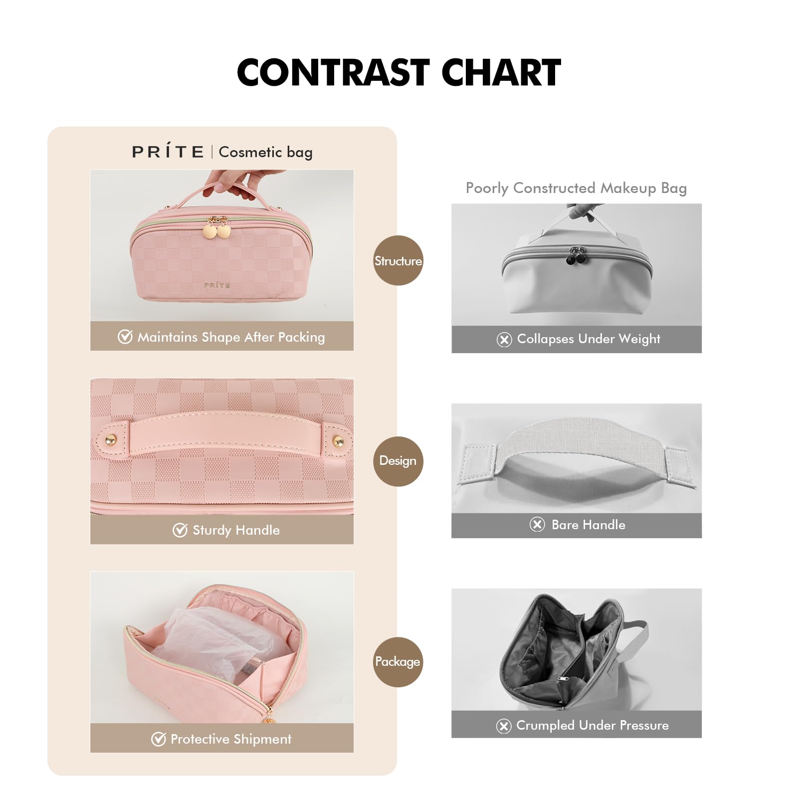 Prite Trousse maquillage plaid rose - trois compartiments pour tout organiser.