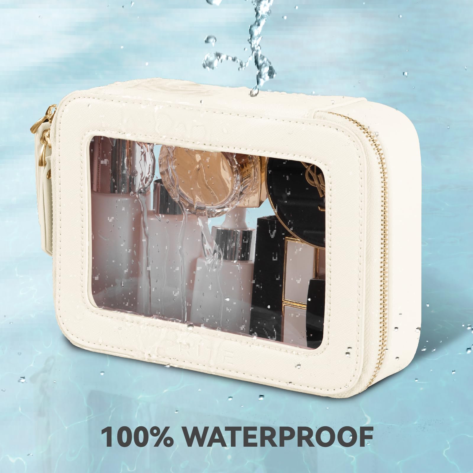 Prite vue avant sac maquillage: design compact et chic pour la vie nomade.