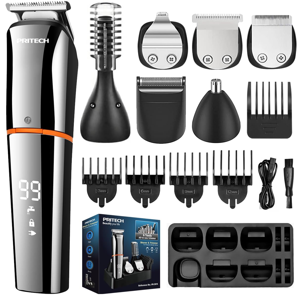 PRITECH trimmer barbe 6-en-1 pour tous les styles, pratique et compact.