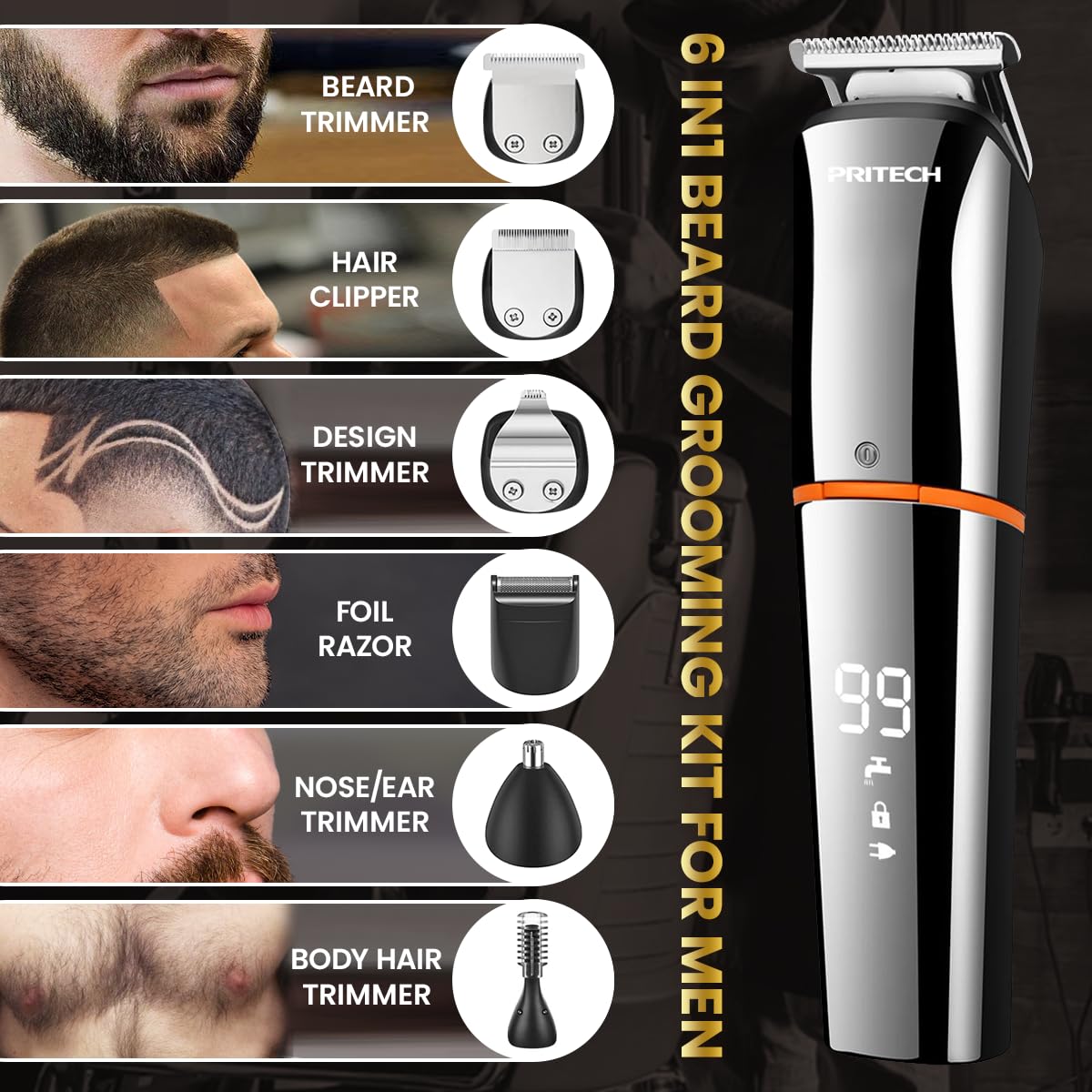 PRITECH écran LED affiche le niveau de batterie pour un grooming maitrisé.