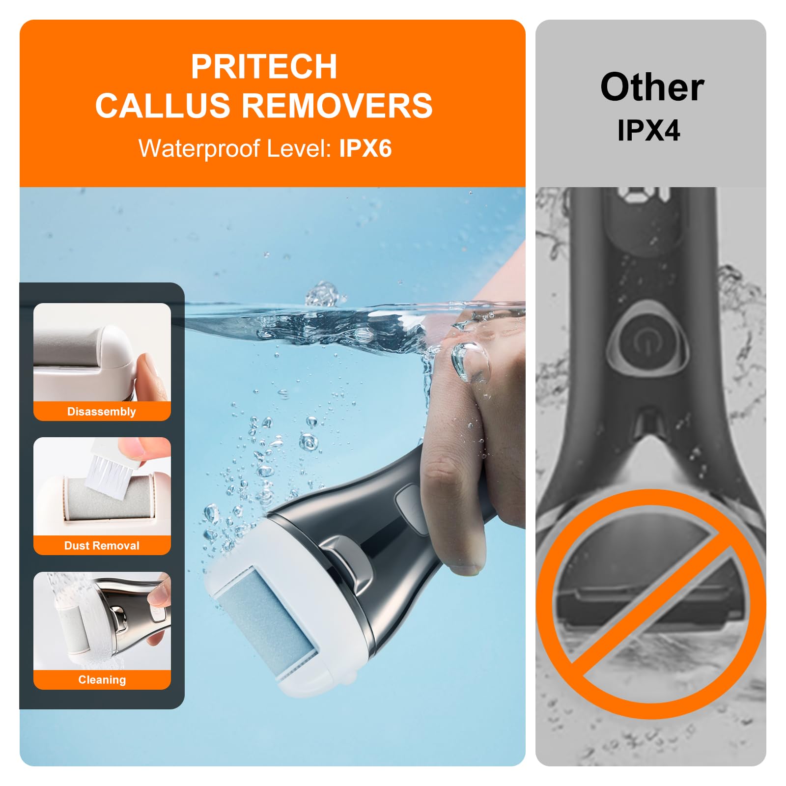 PRITECH rasoir électrique pour pieds — utilisation sous l'eau grâce à l'étanchéité.
